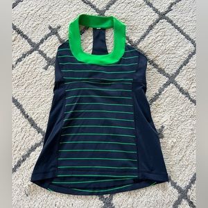 Lululemon tank top scoop neck, size 6, navy blue with green stripes